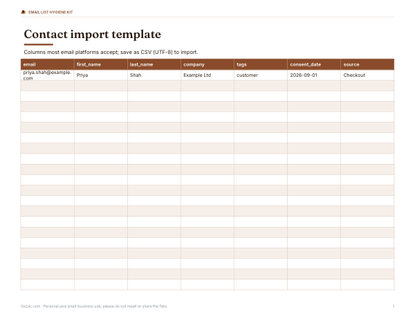 Preview of Email Import Template for CSV